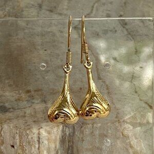 VTG Sterling Silver 925 Gold Vermeil Etched Puffy Heart Teardrop Dangle Earrings